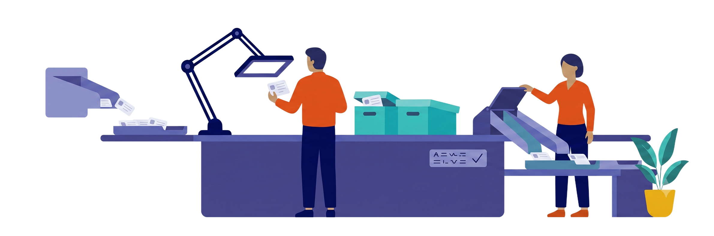 Reports moving through an evidence review and sorting process operated by two people.