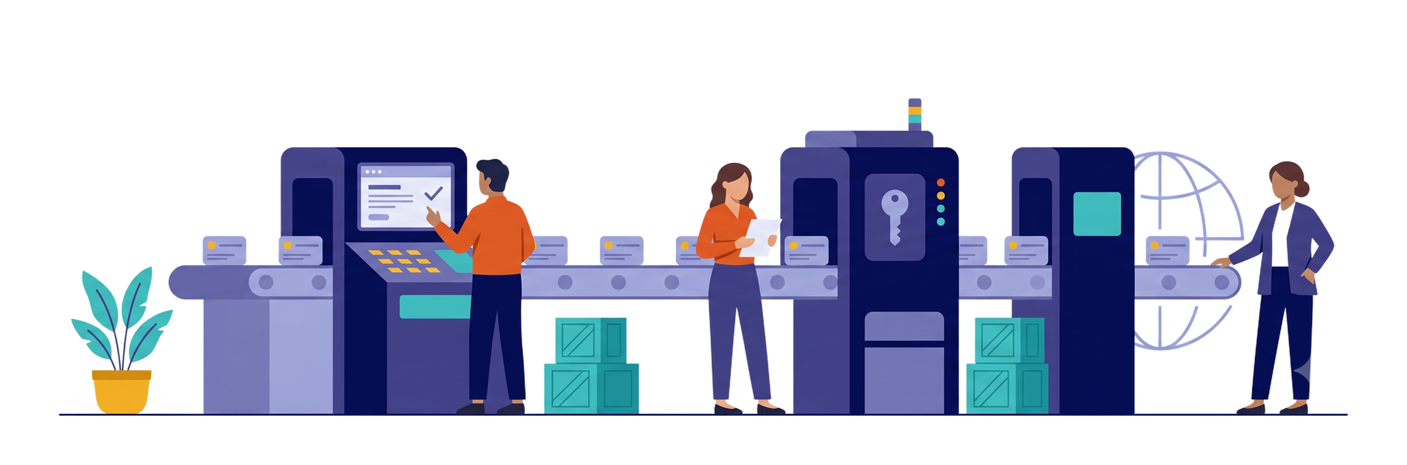 A registry provisioning line where domain name cards pass through machine stations while people operate the controls.