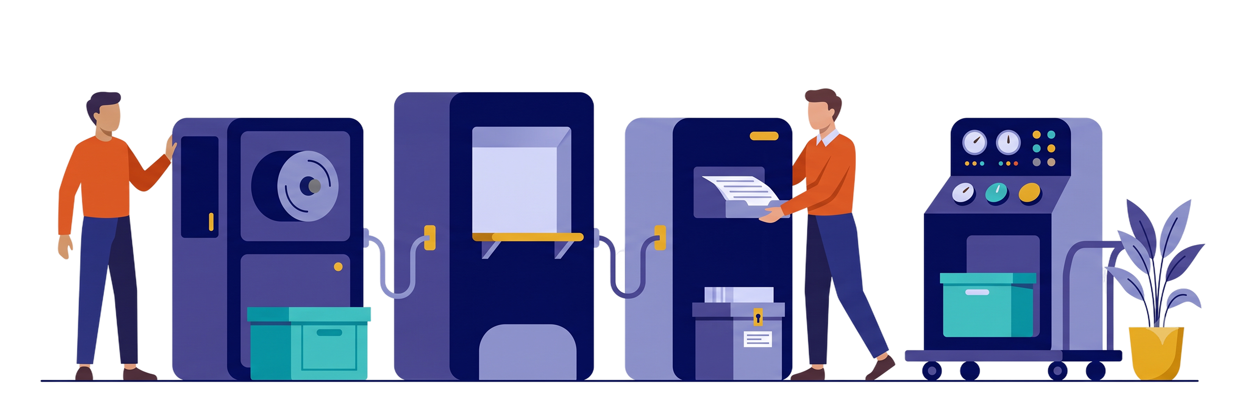 Four connected registry service modules being assembled and checked by two people.
